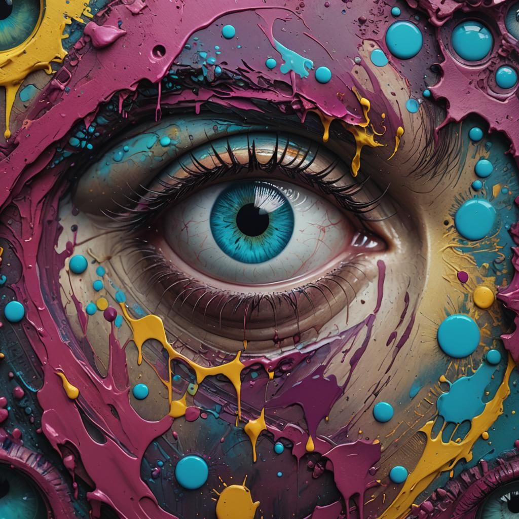 Eye with Cyan, Magenta, and Yellow Ink Stains