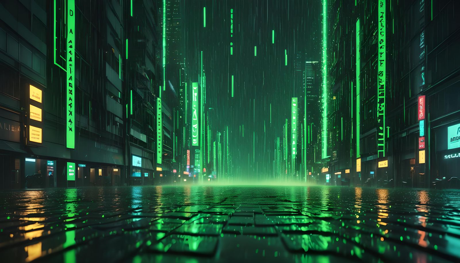 Hyperrealistic Matrix Rain in Mega City at Night