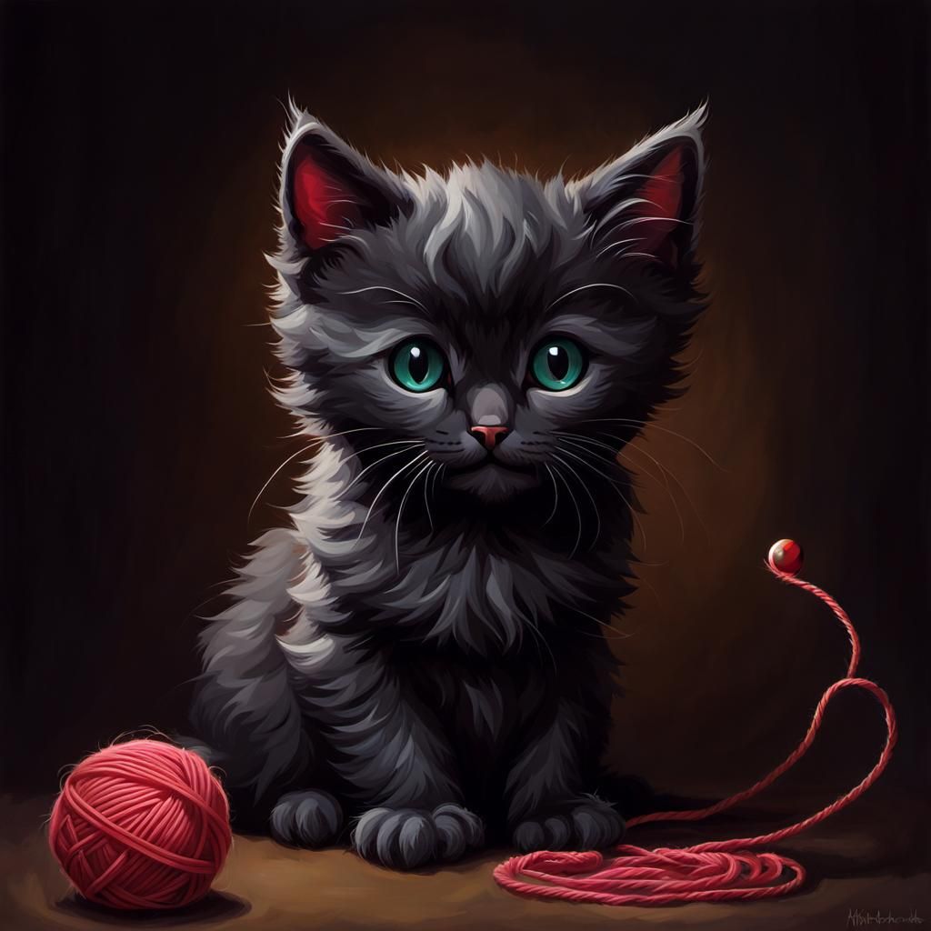 Cute Kitten with Yarn, Sinister Fantasy Art
