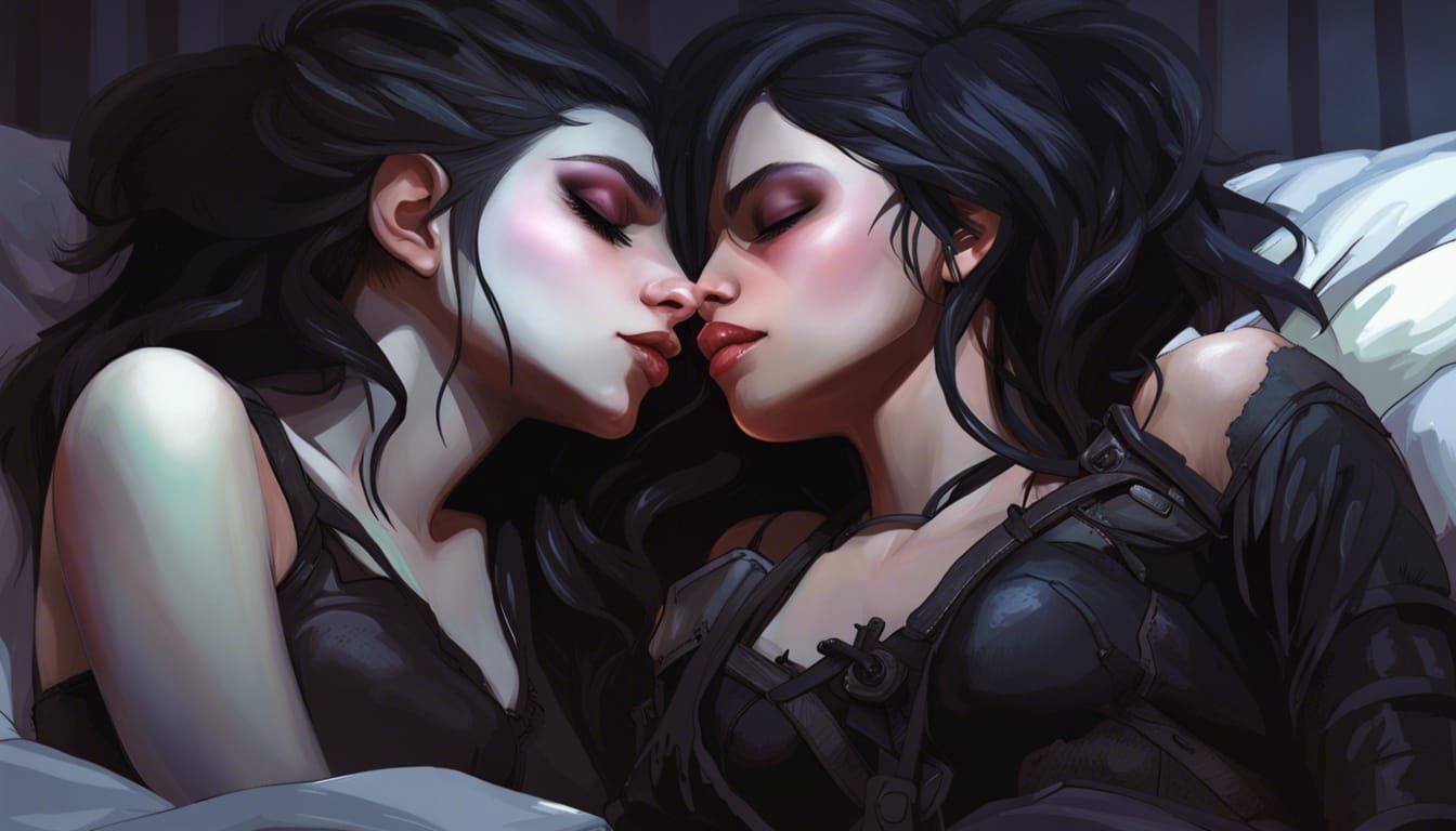 Gothic Girls Kissing: Detailed Digital Art Portrait