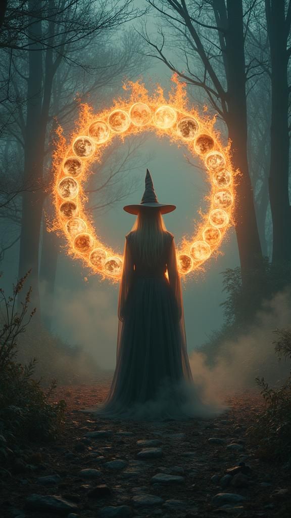 Mystical Witch in Forest with Fairy Fire