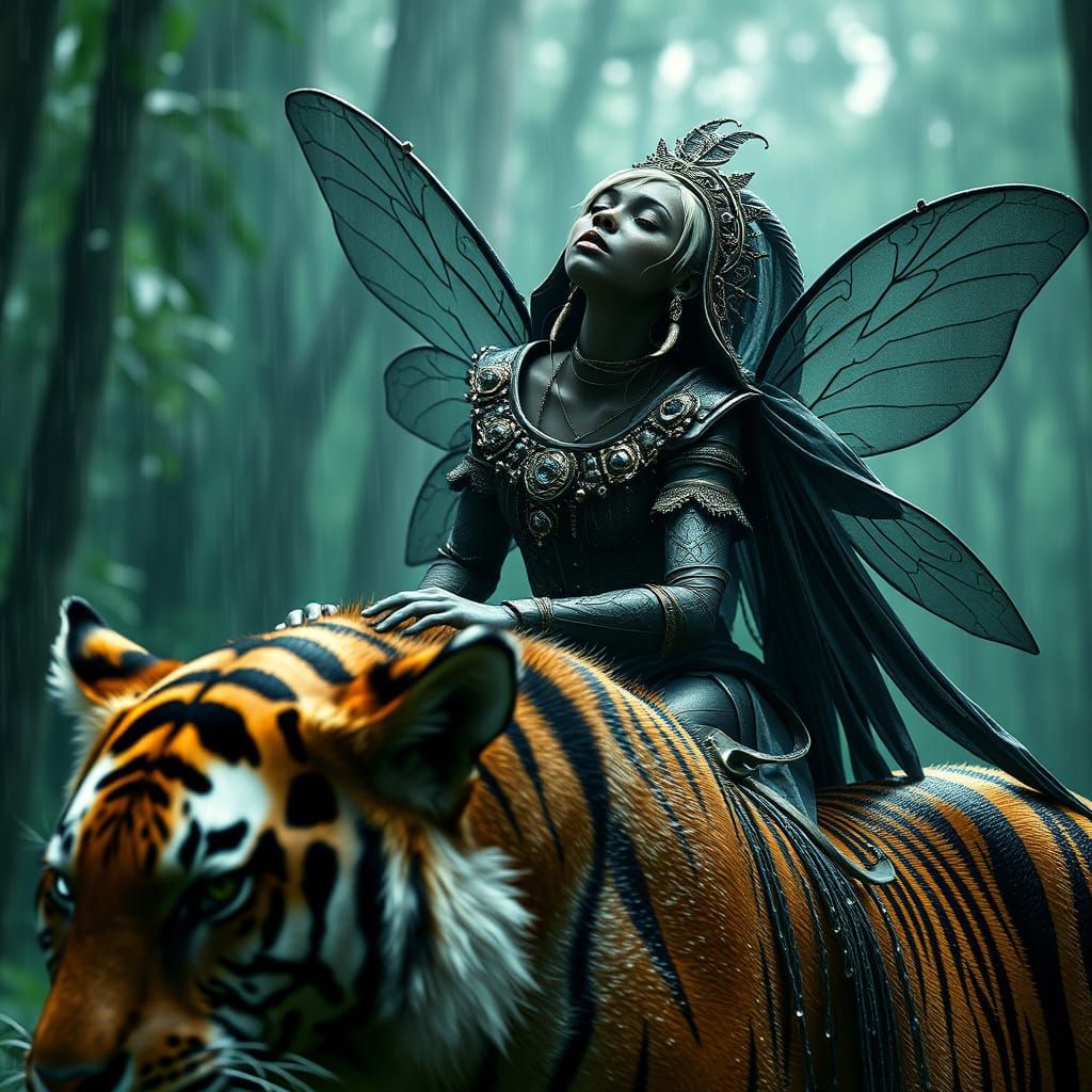 Ethereal Black Fairy Rides Striped Tiger Amidst Emerald Wood...