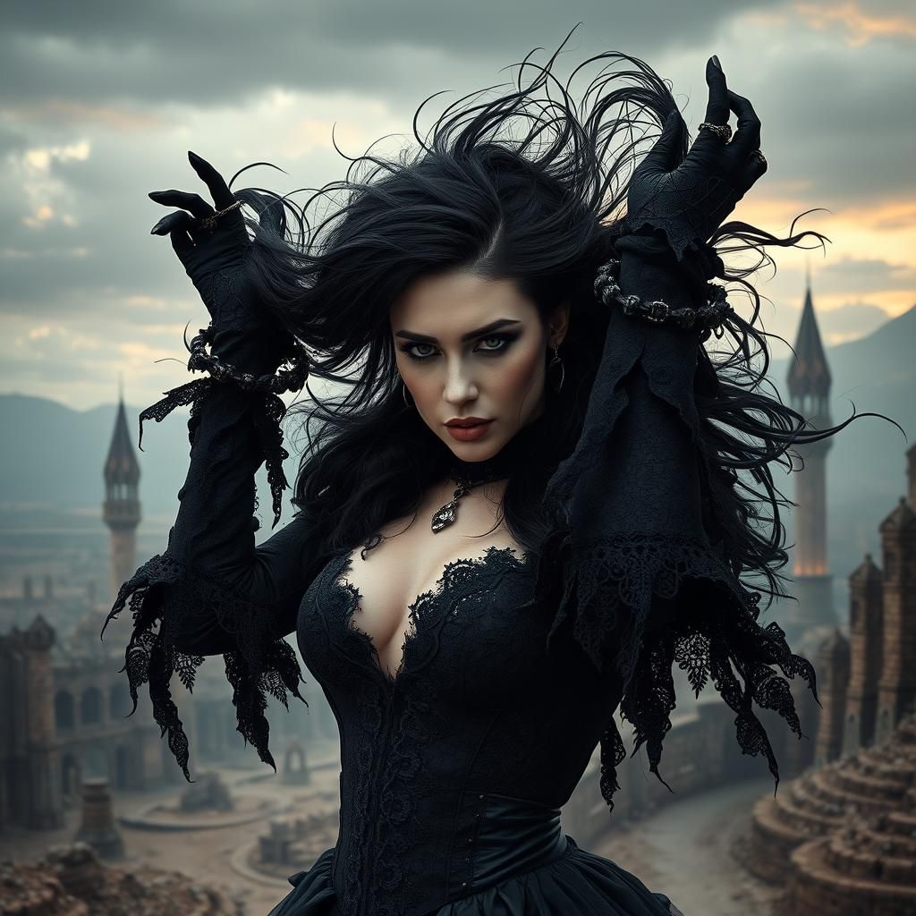 Gothic Woman in Apocalyptic Landscape, Digital Matte Paintin...