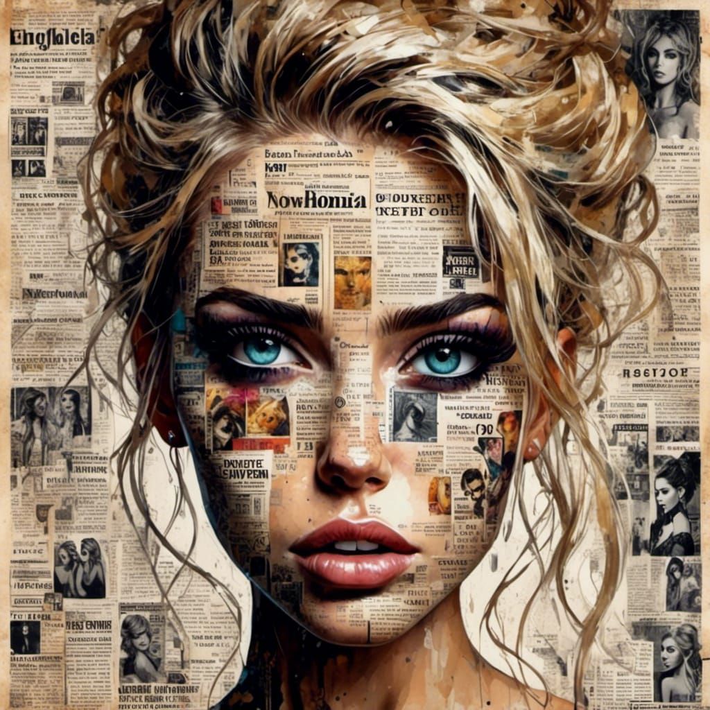 Textured Newspaper Portrait of a Blonde Woman