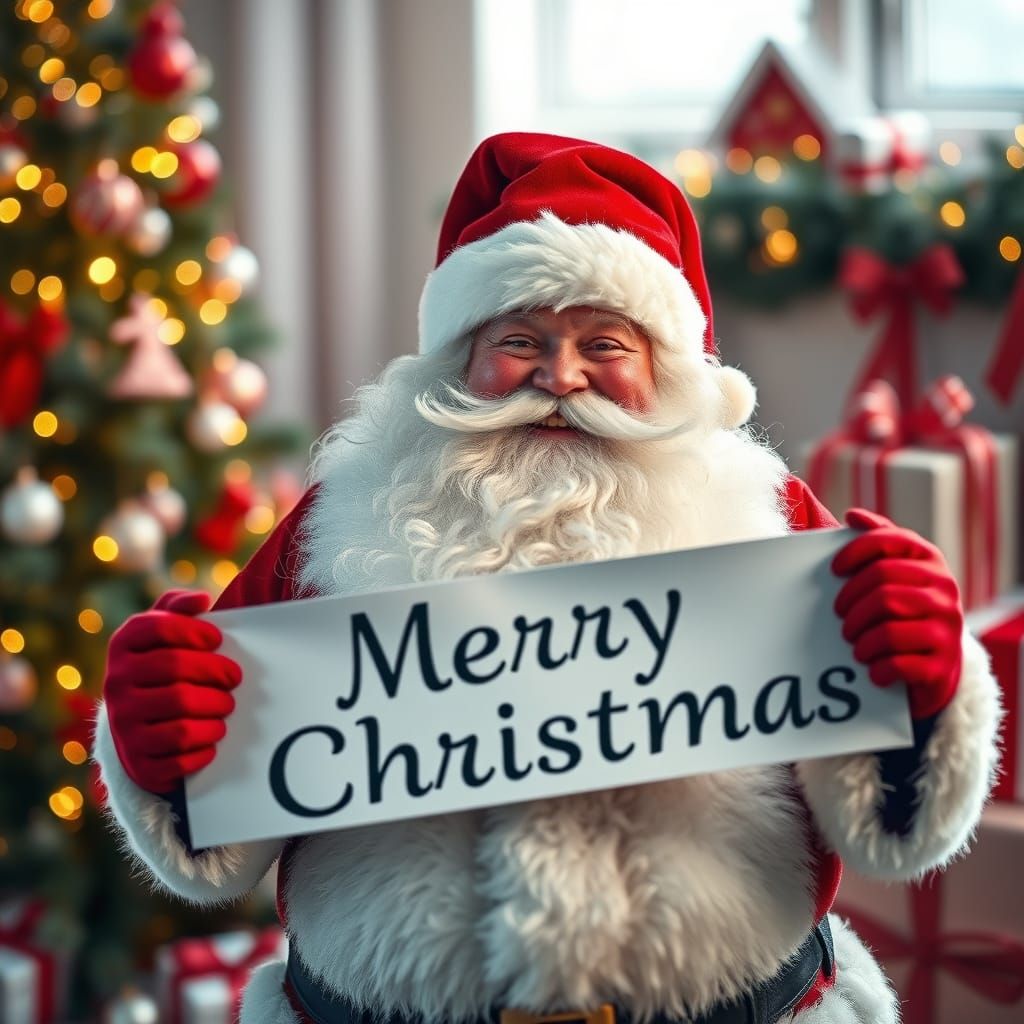 Hyper-Realistic Santa Claus with Merry Christmas Banner