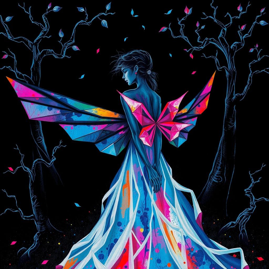 Cubist goth  fairy angel  woman with geometry wings on her b...