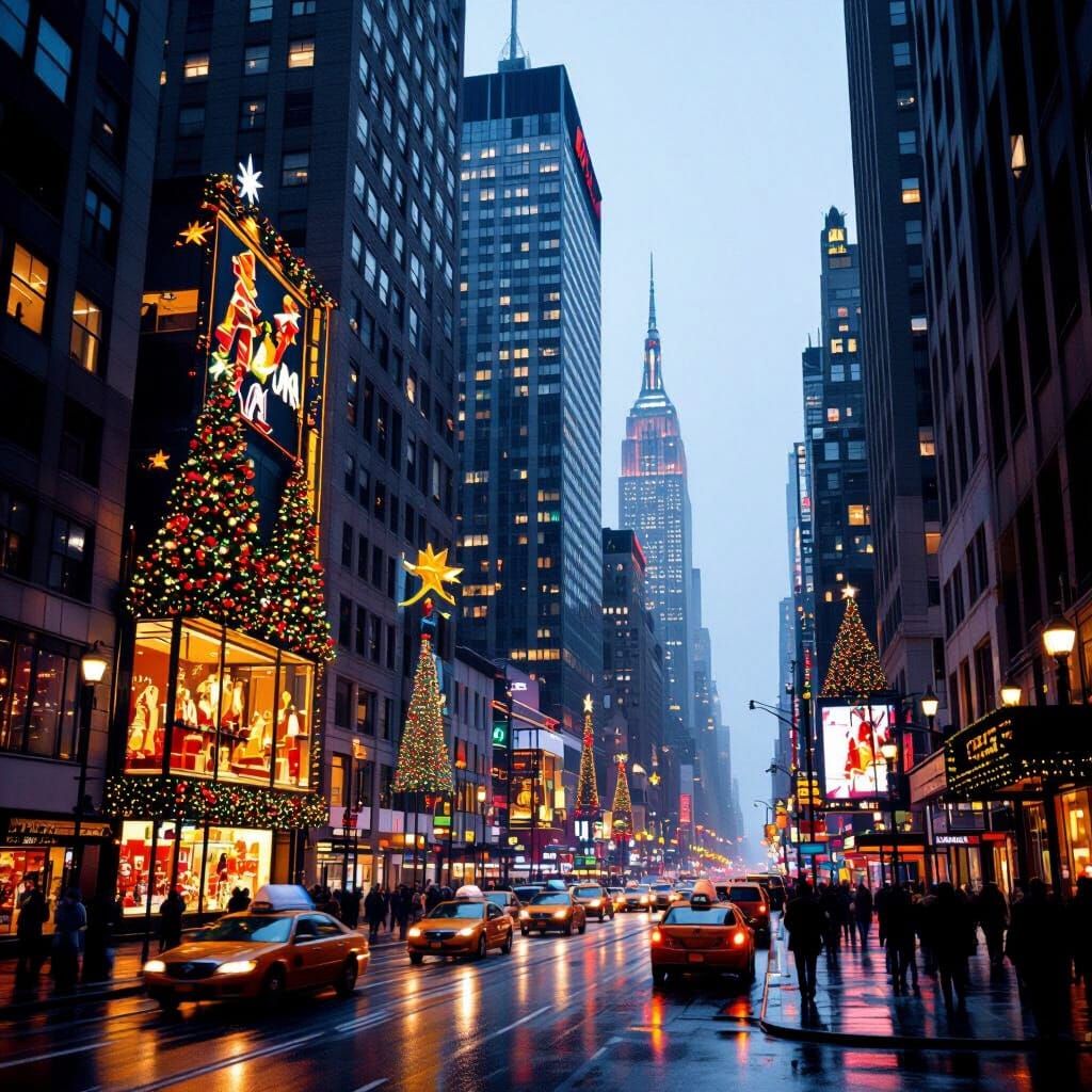 1970s Rainy Christmas NYC with Festive Windows