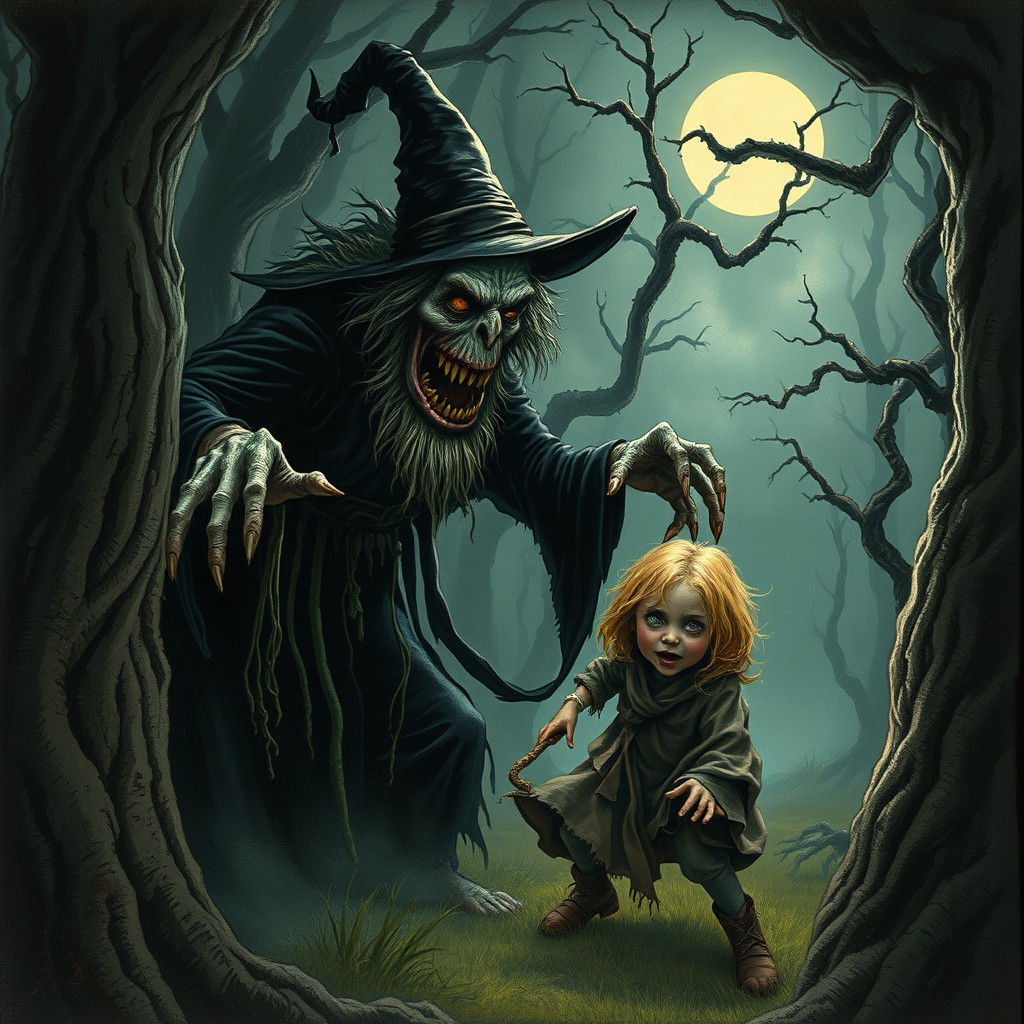 Eerie Crone Snatching Child in Dark Forest
