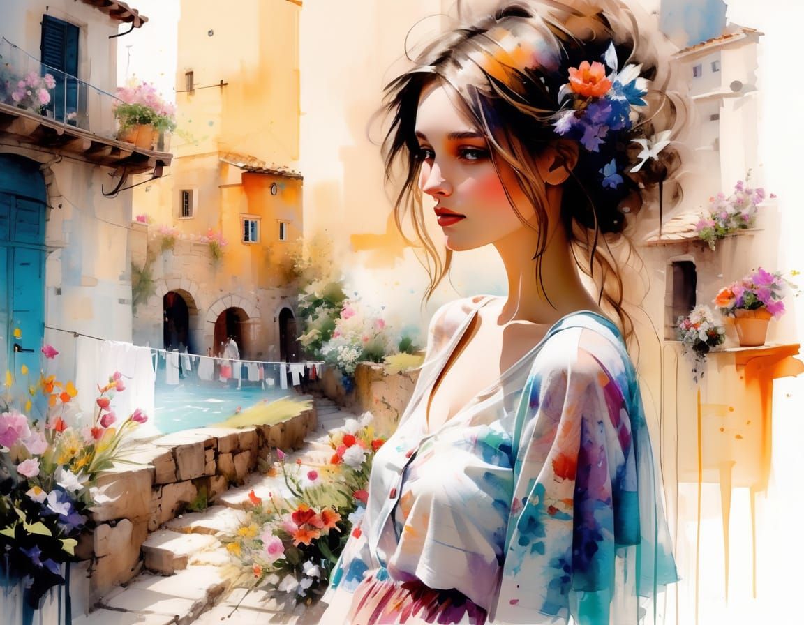 Italian Village Overlooking Sea in Spring Pastel Style