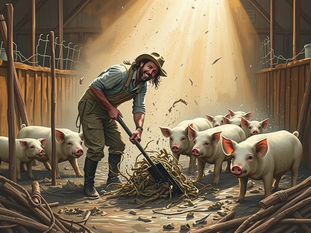 Rural Farmhand Amidst Playful Pigs in Muddy Barnyard Scene