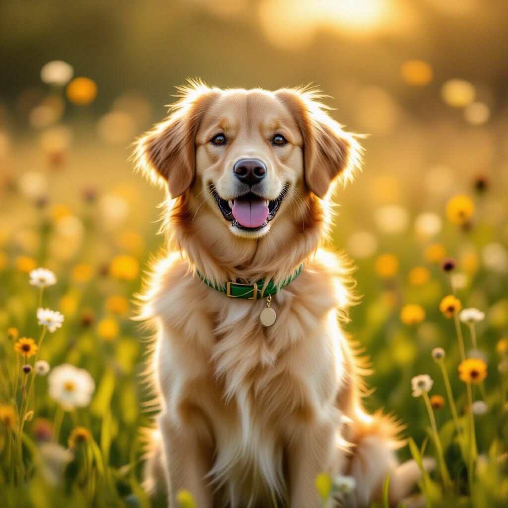 Golden Retriever in Sunlit Meadow with Wildflowers