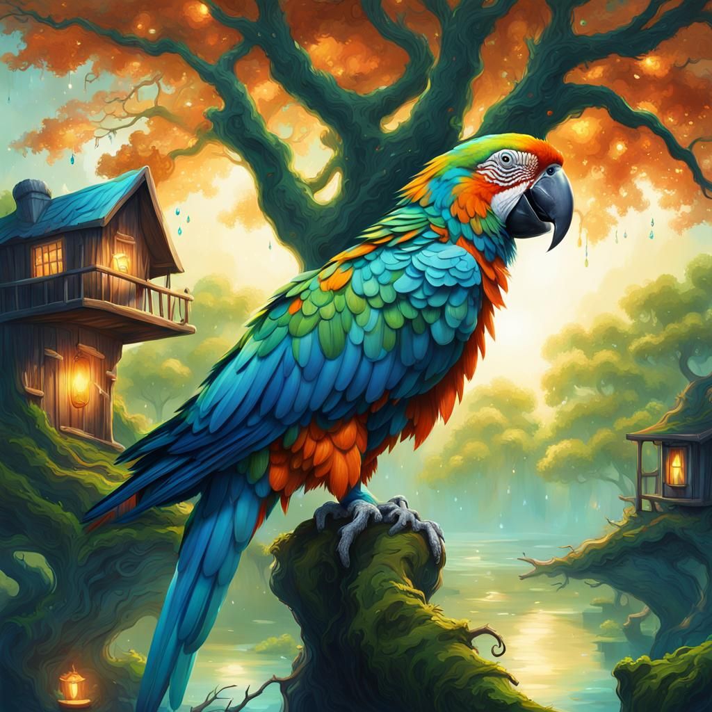 Parrot in Treehouse: Surreal Fantasy Concept Art
