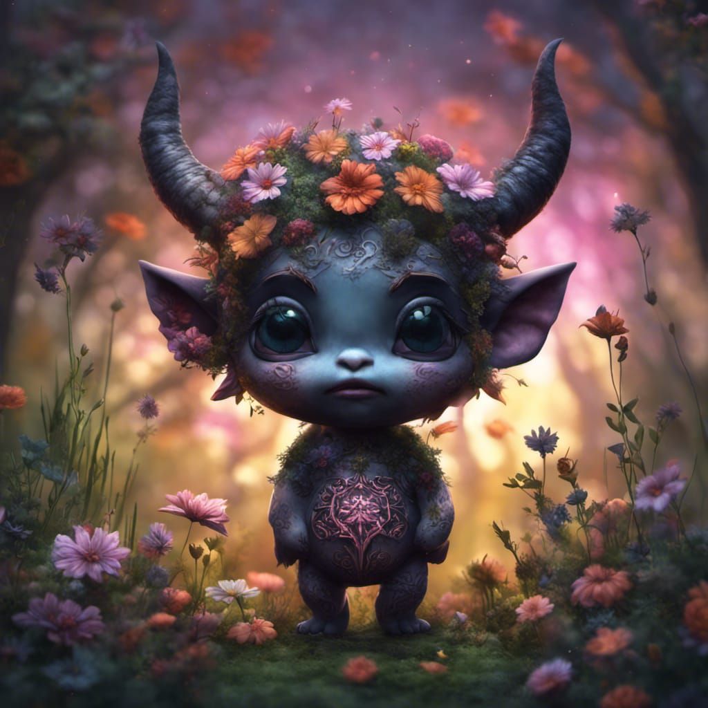 Adorable Chibi Demon in Colorful Meadow