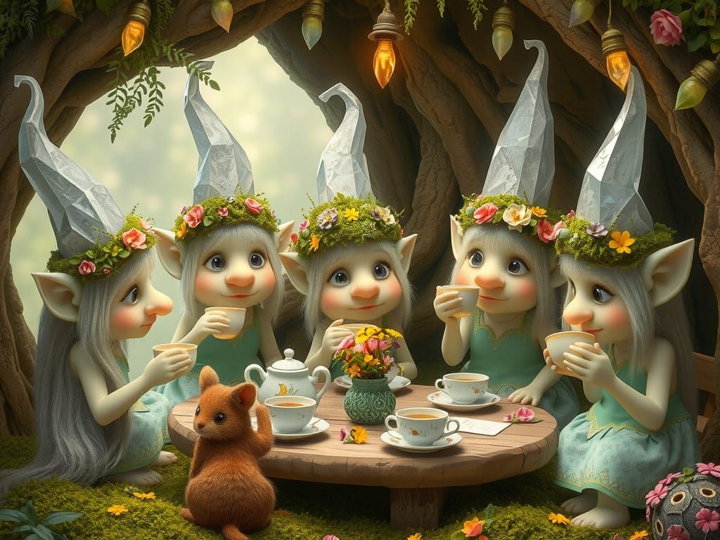 Whimsical Crystal Trolls' Tea Party in Hidden Grotto