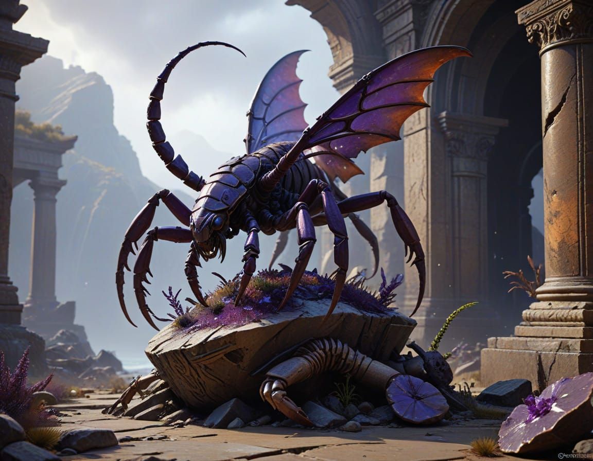 Cyberpunk Fantasy Creature Reigns atop Ancient Pedestal