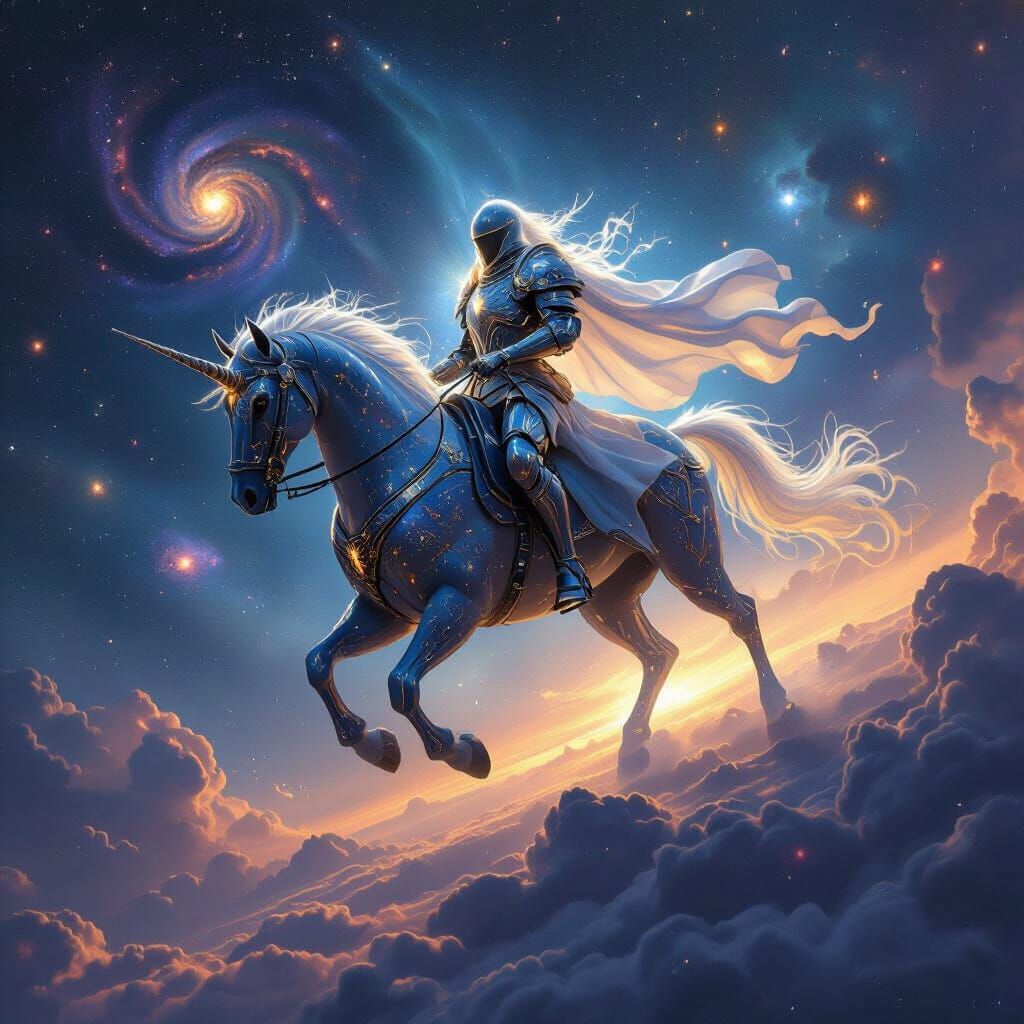 Celestial Knight Riding Cosmic Steed Through Galaxies