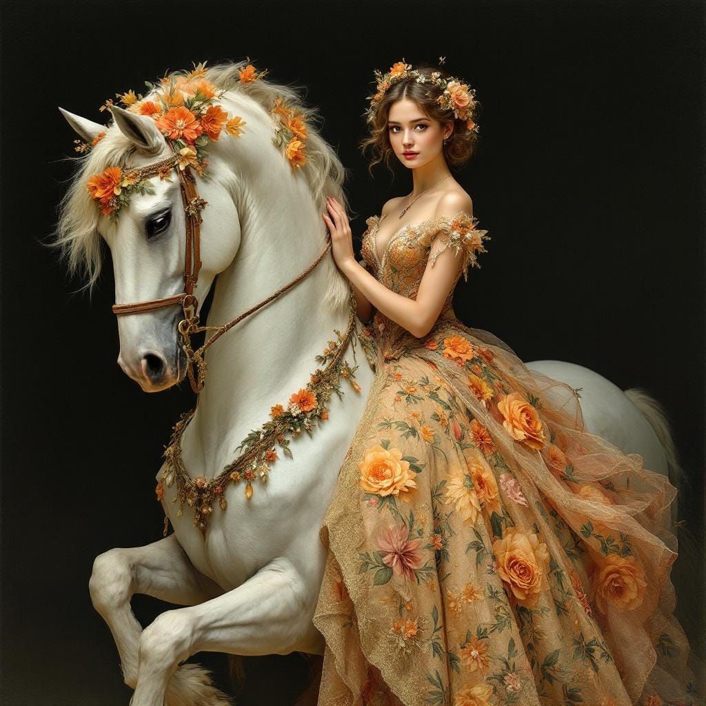 Woman on White Horse in Art Nouveau Style