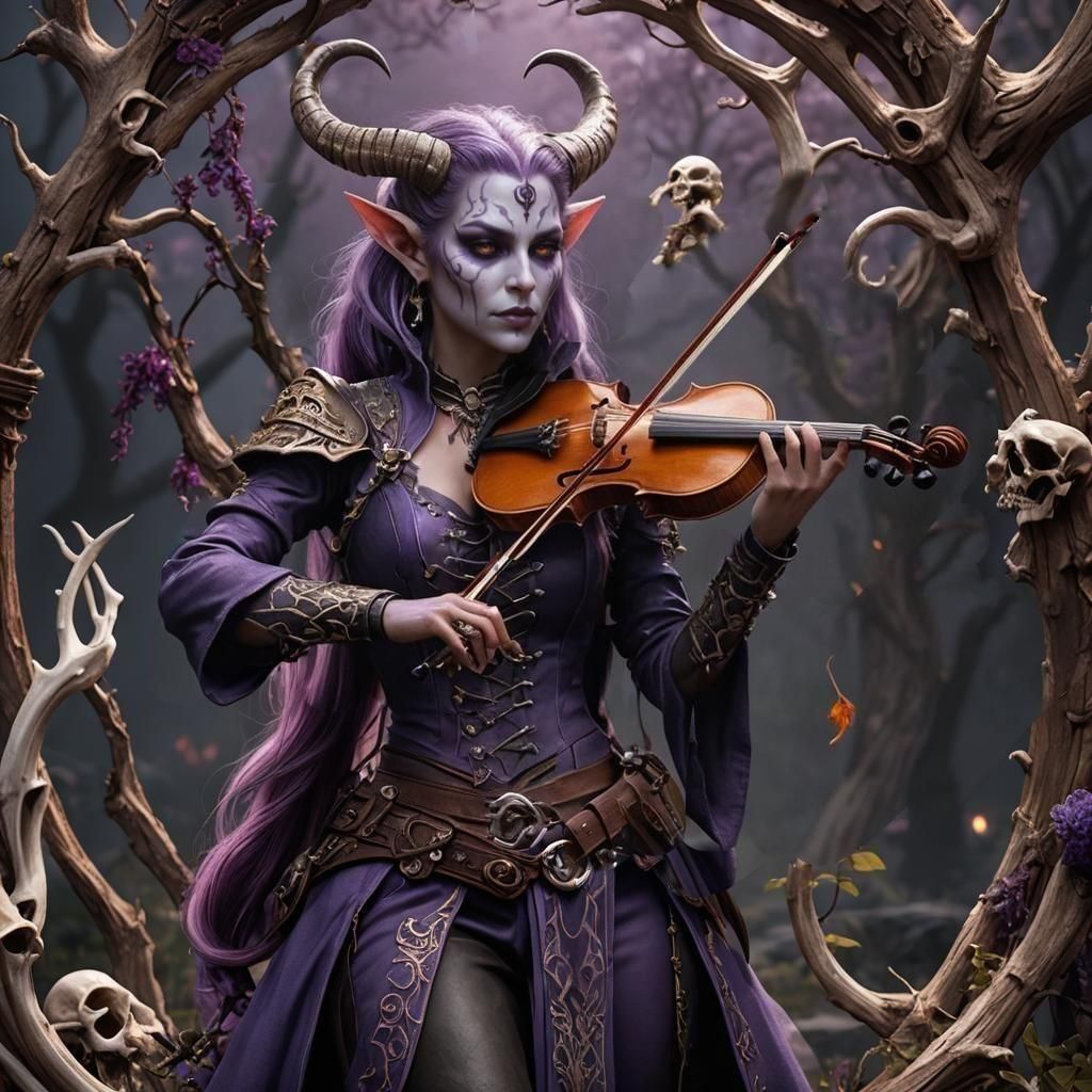 Tiefling Bard with Bone Violin: Fantasy Art