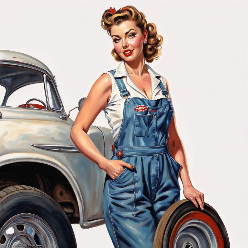 Grease-Covered Mechanic Girl in 50s Pin-Up Style