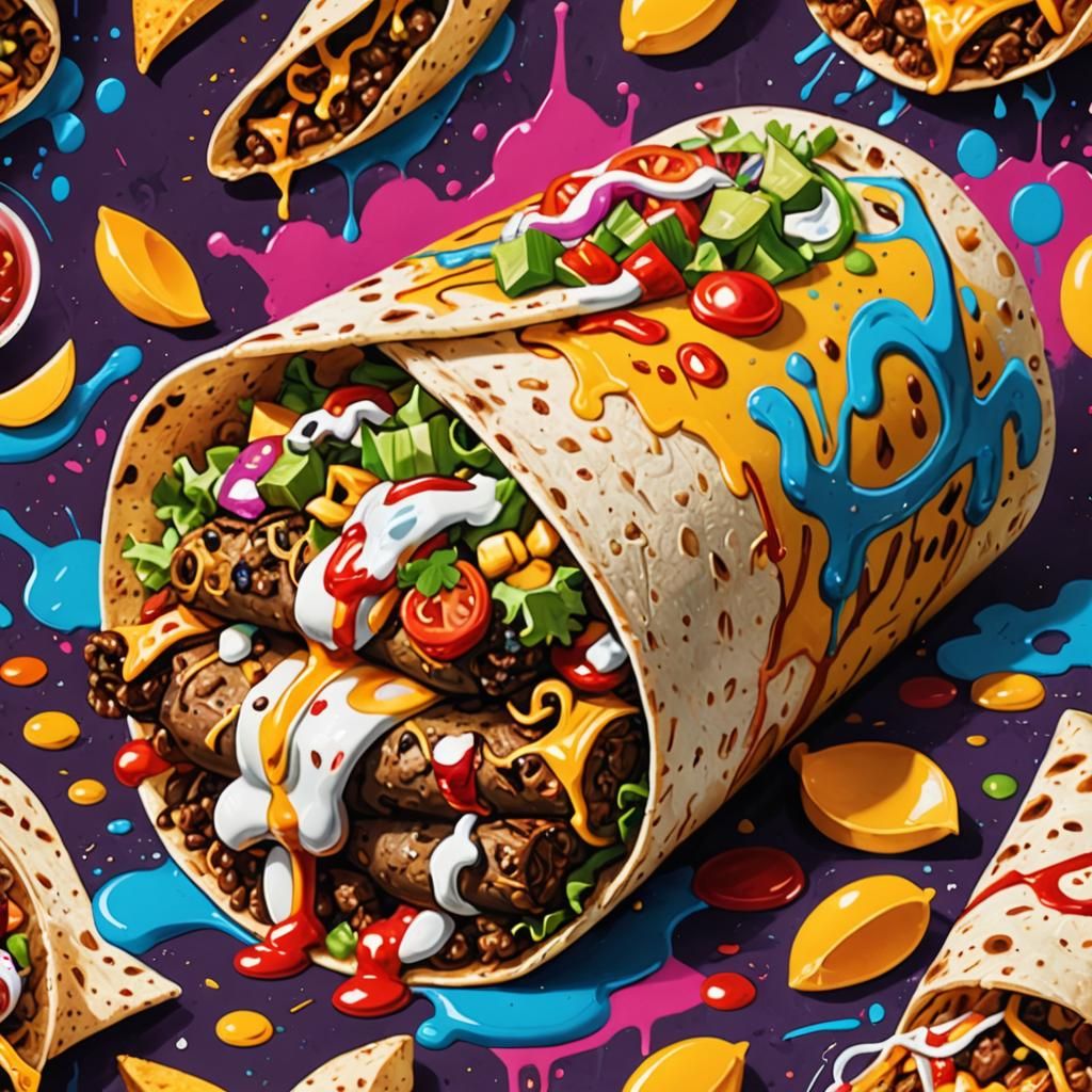 Colorful Graffiti Art of Mexican Burrito and Taco