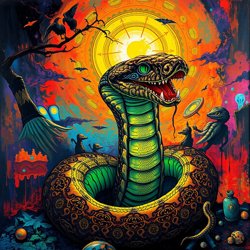 Surreal Rattlesnake Emerges in Impasto Art Deco Style