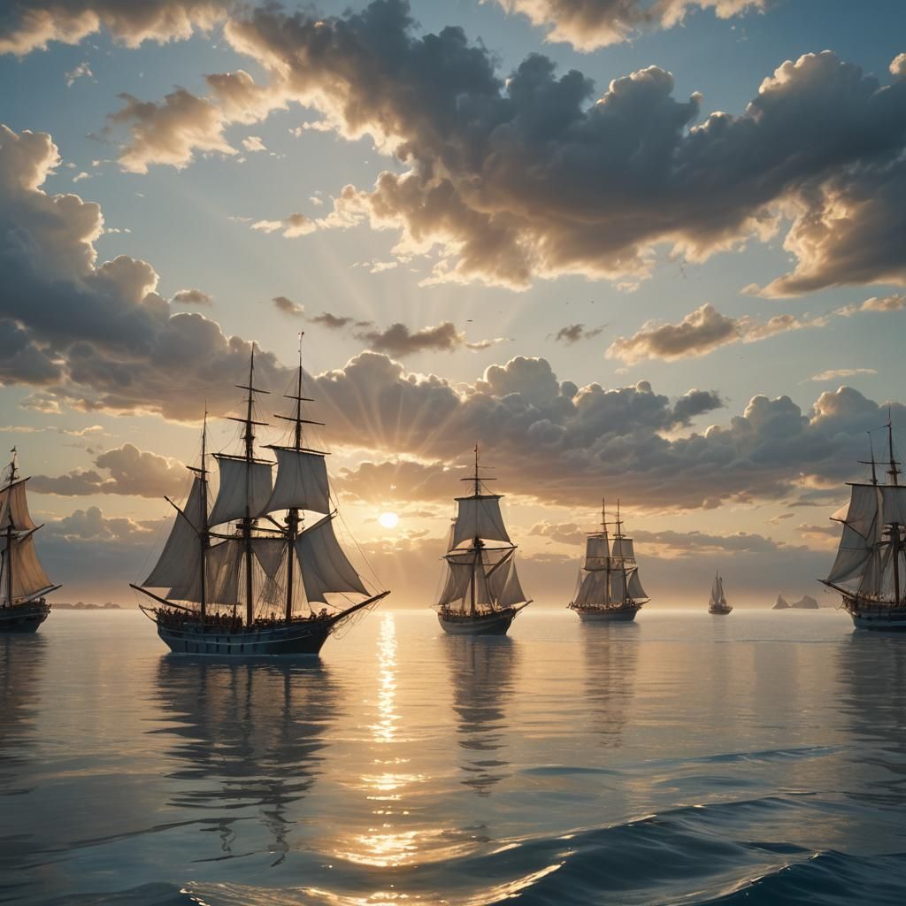 Serene Sailing Ships in Heavenly Light