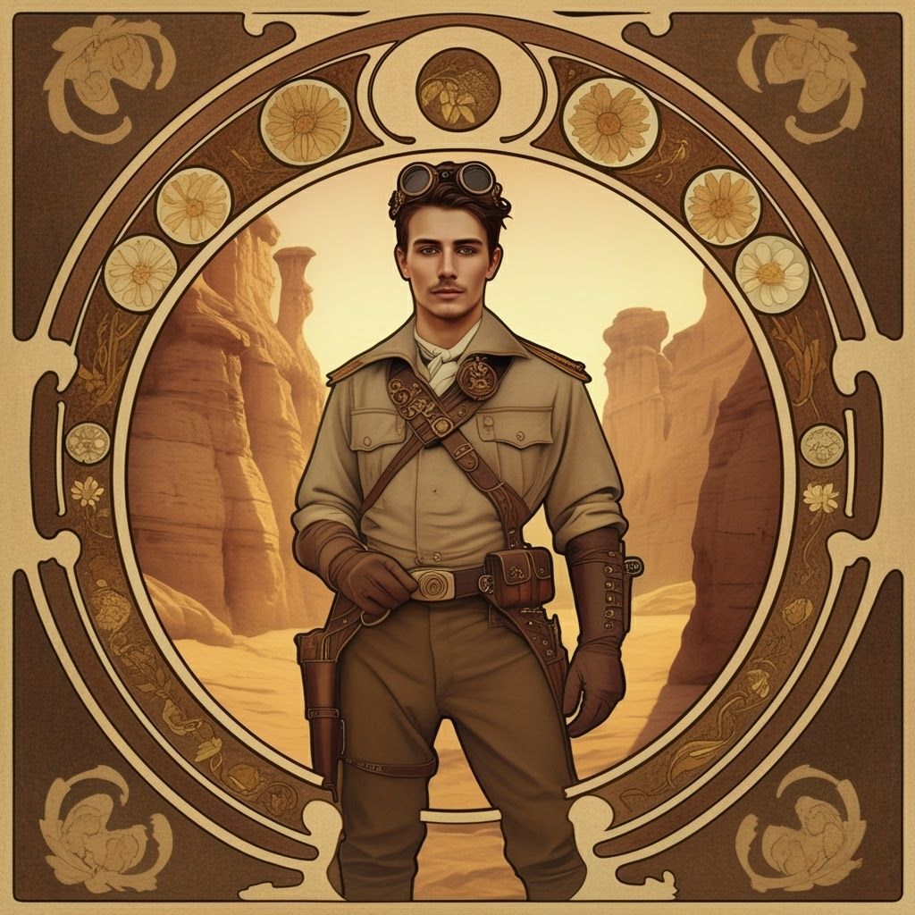 Art Nouveau Steampunk Man in Desert Canyon at Golden Hour