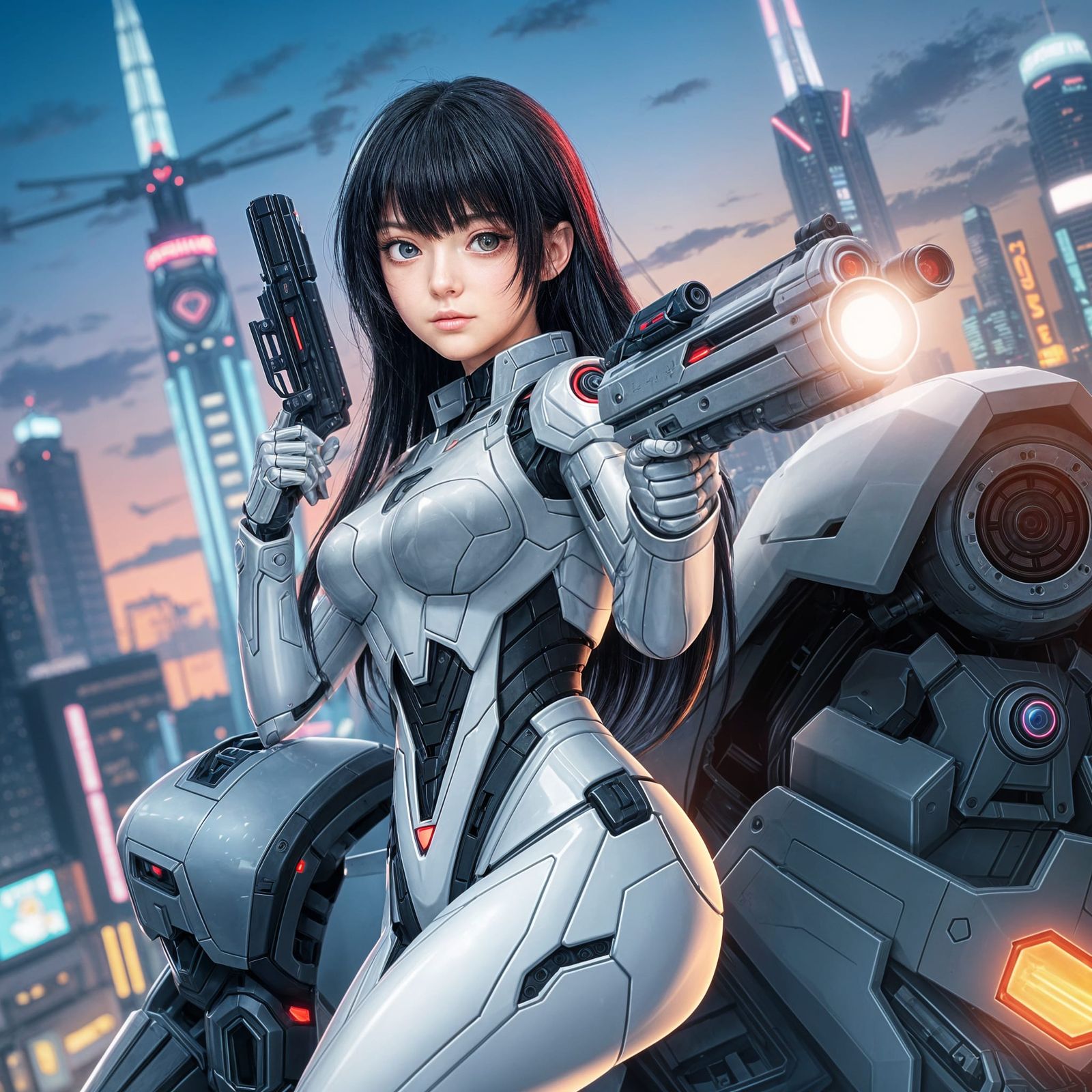 Futuristic Anime Girl with Robot Companion
