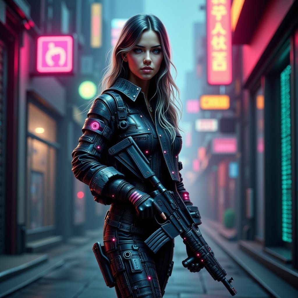 Cyberpunk Woman in Dystopian Cityscape