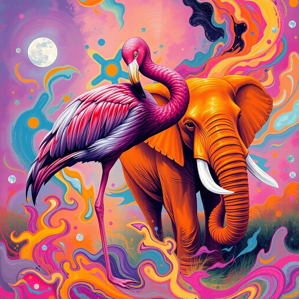 Psychedelic Fusion of Purple Flamingo and Orange Elephant