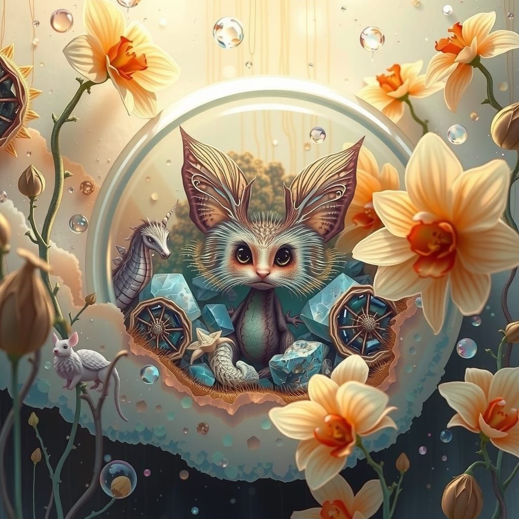 Bioluminescent Crystal Cavern with Dragon and Creatures