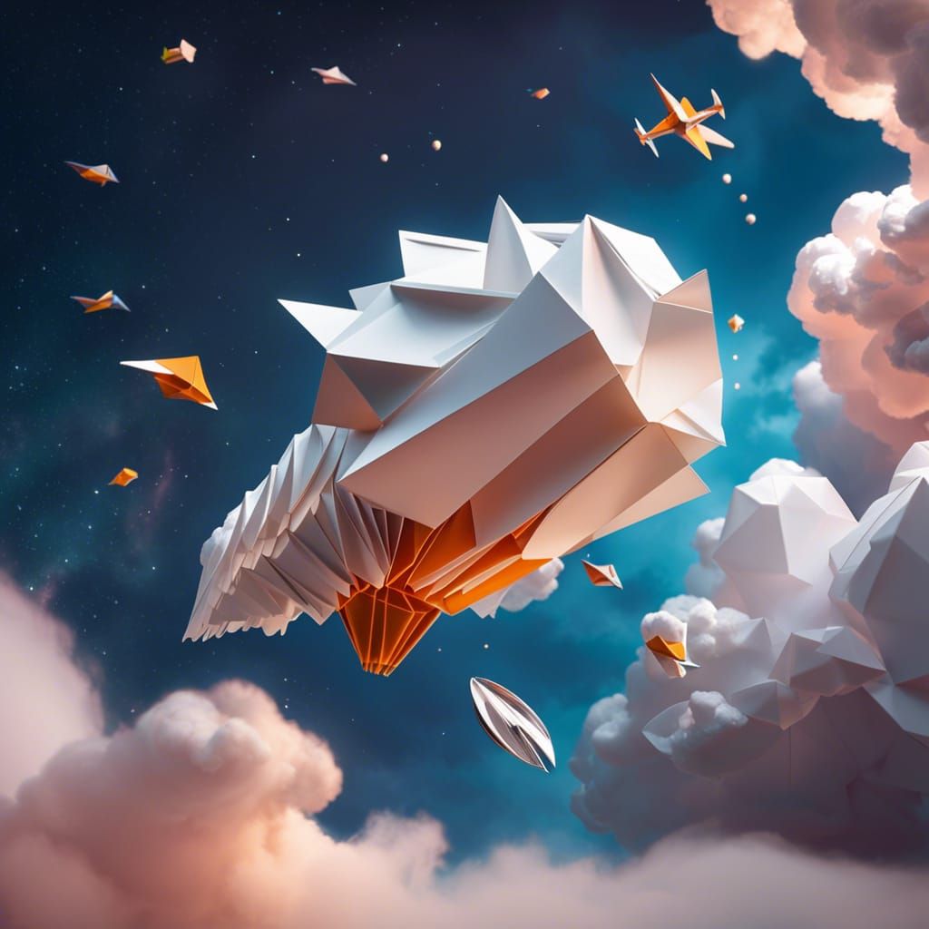 Origami Spacecraft Plummets Through Cloudy Sky