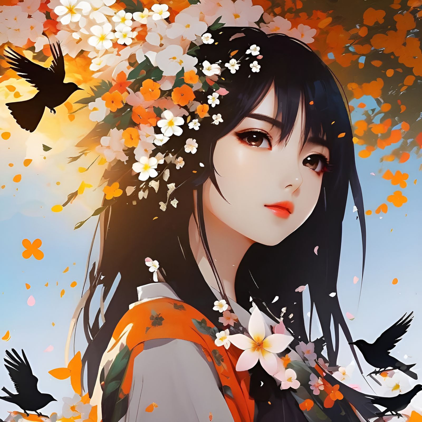 Anime Girl Silhouette with Floral Birds SpeedPaint