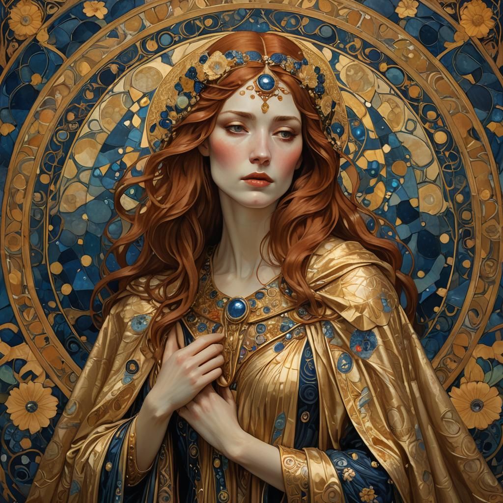 Auburn Woman in Golden Cloak, Klimt-Inspired Art