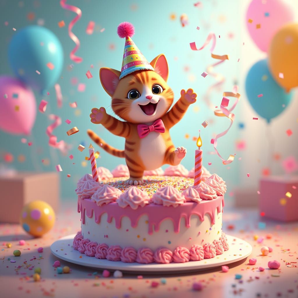 Cat Birthday Celebration in 3D Anime Style