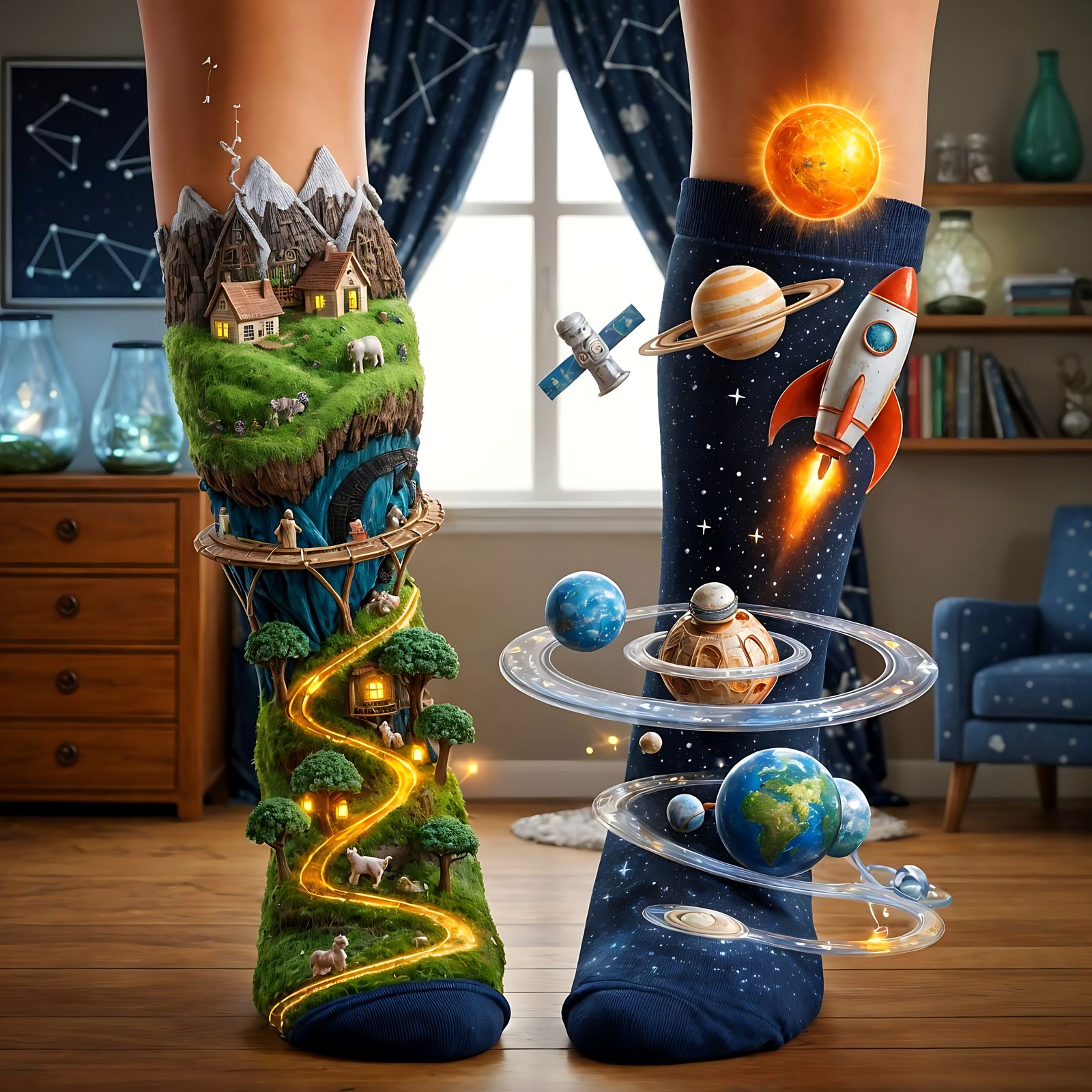 Socks with Miniature Worlds in 3D