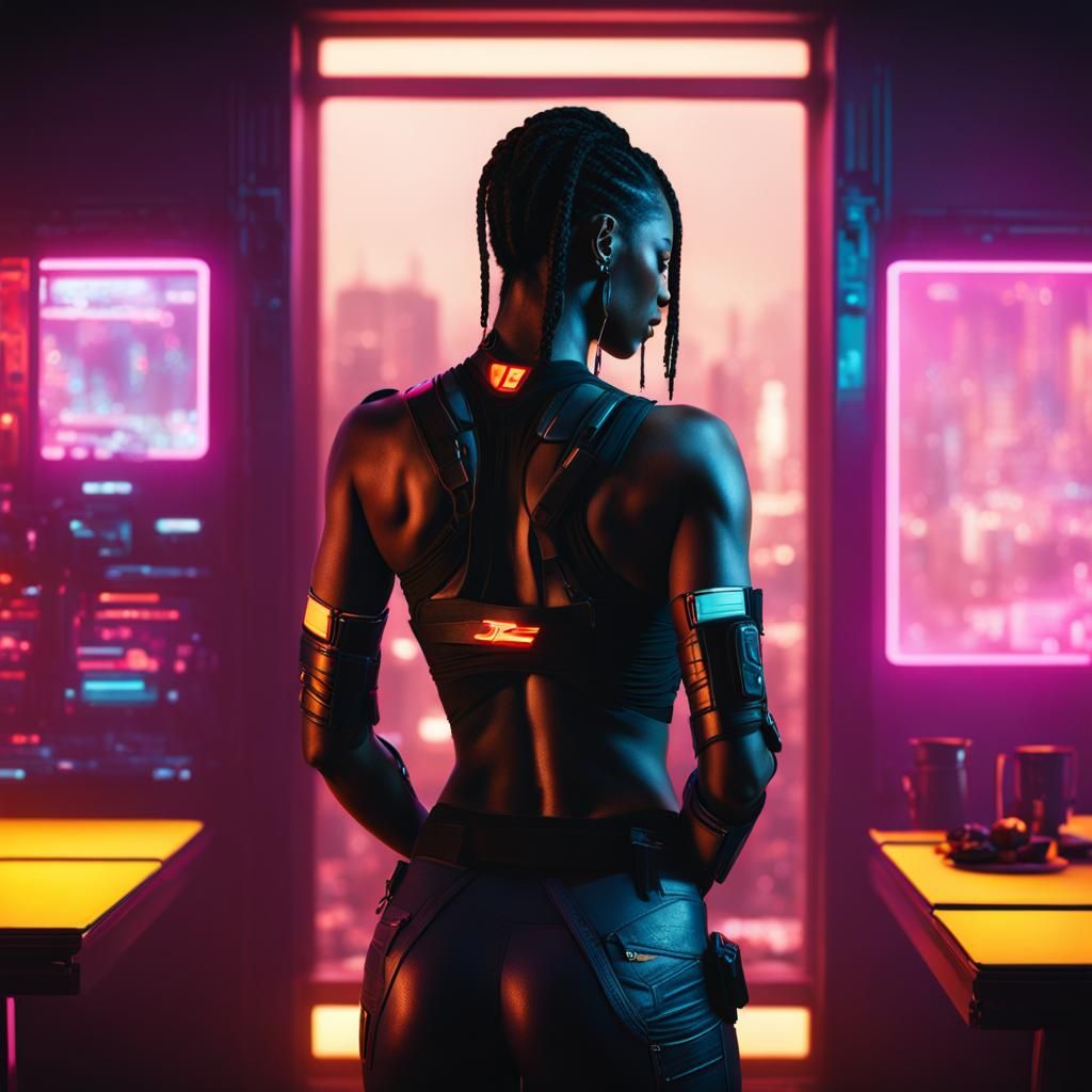 Woman Gazing Through Window in Cyberpunk Setting
