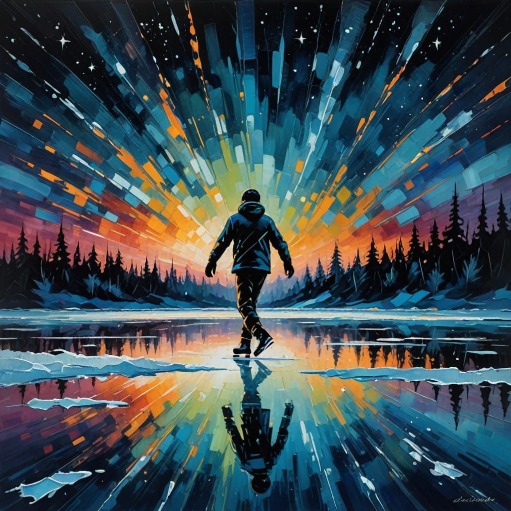 Ice Skater on Frozen Lake in Abstract Expressionism