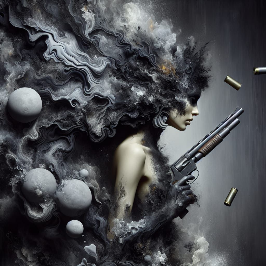 Ethereal Female Form Embracing Shotgun in Dark, Abstract Sce...