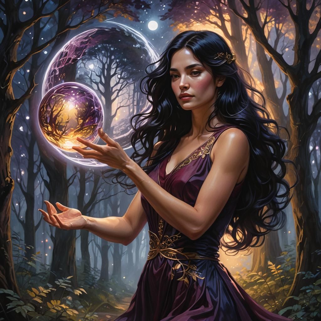 Woman Holding Glowing Orb in Moonlit Forest
