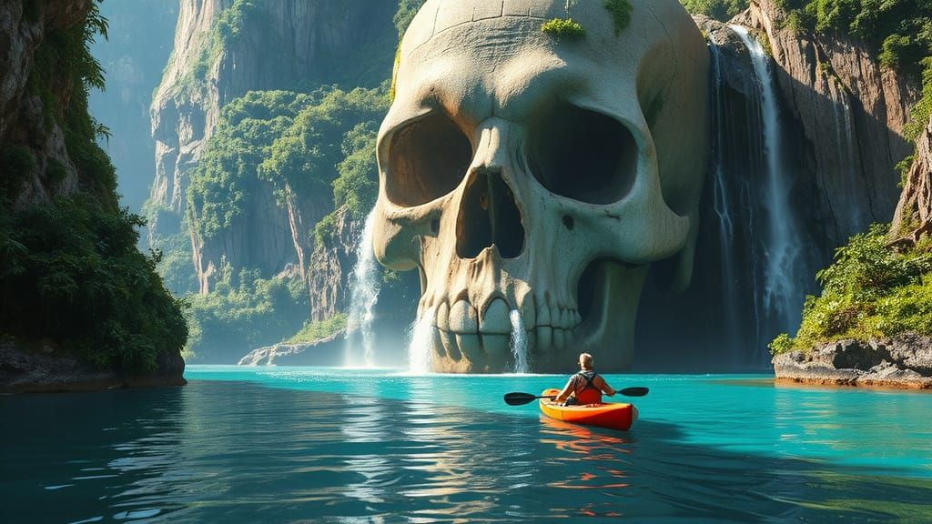 Colossal Skull Cliff in Hyperrealistic Jungle Landscape