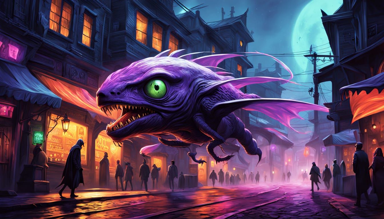 One-Eyed Purple Creature Flies Down Neon Street