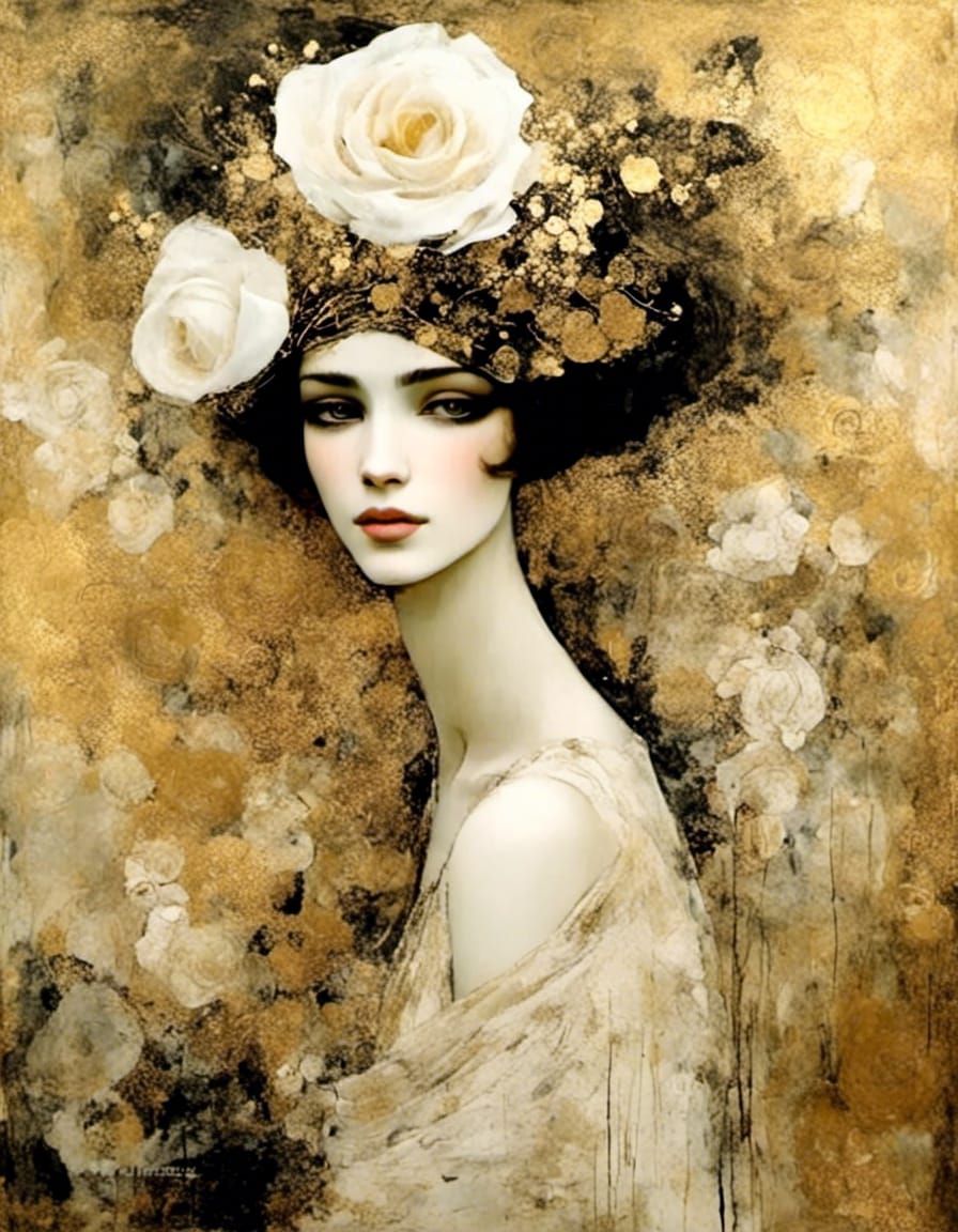 1920s Girl with White Rose in Klimt Style