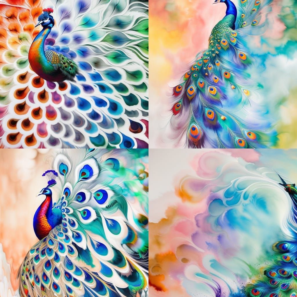 Intricate Peacock with Flowing Black Ink, Detailed Gouache