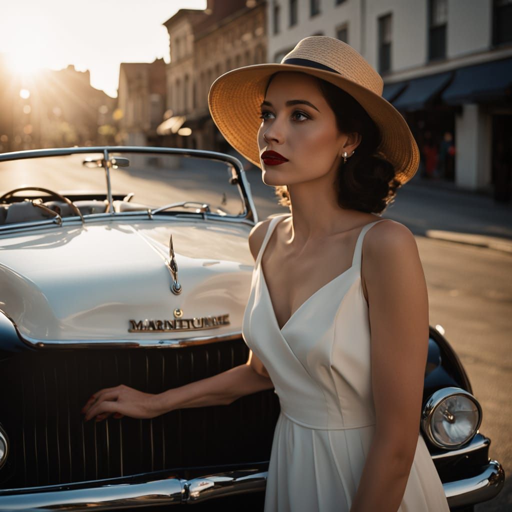 Film Noir: Woman in Fedora by Convertible Car