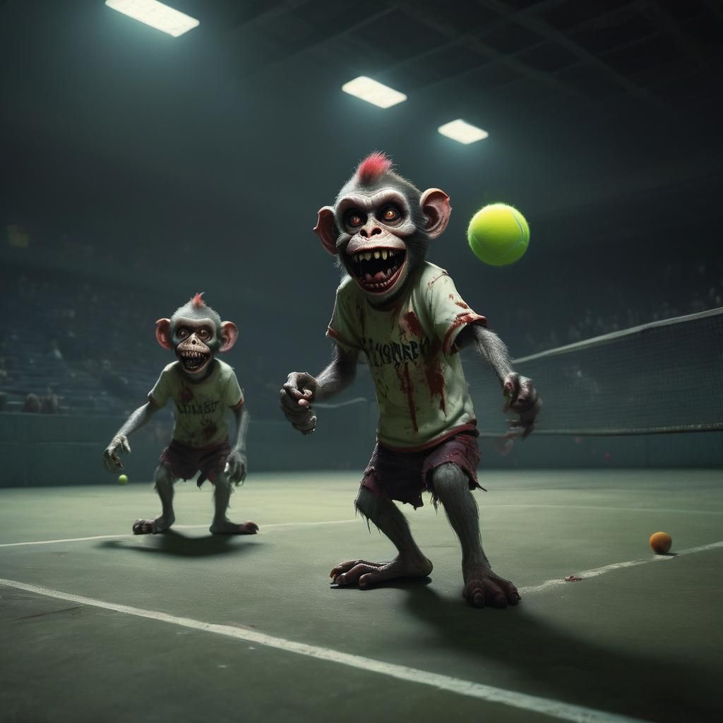 Zombie Monkey Clowns Play Tennis in Dark Surrealism