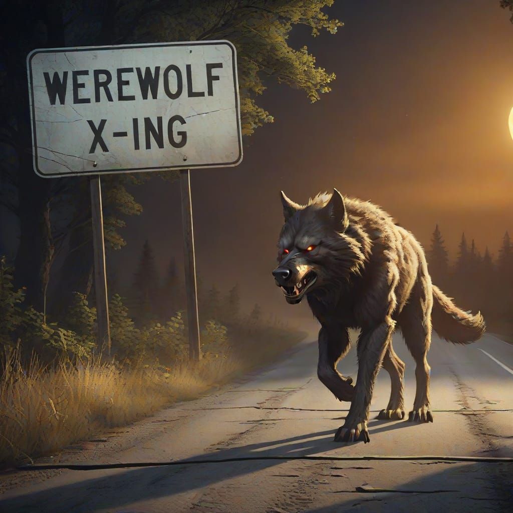 Werewolf Crossing Road Sign in Dark Fantasy Style
