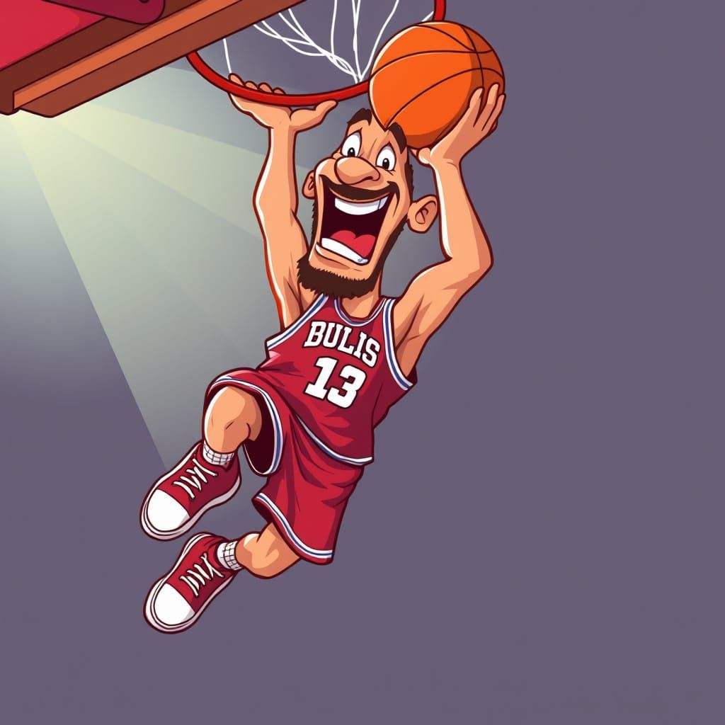 Basketball Player Slam Dunking, Caricature Cartoon Style