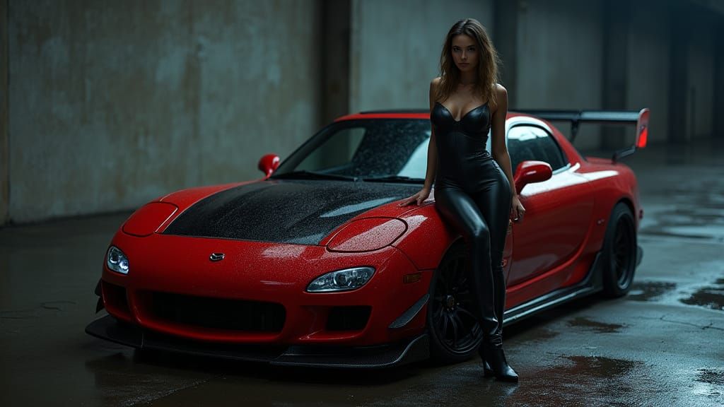 Mazda RX-7 FD with Woman in Leather Bodysuit