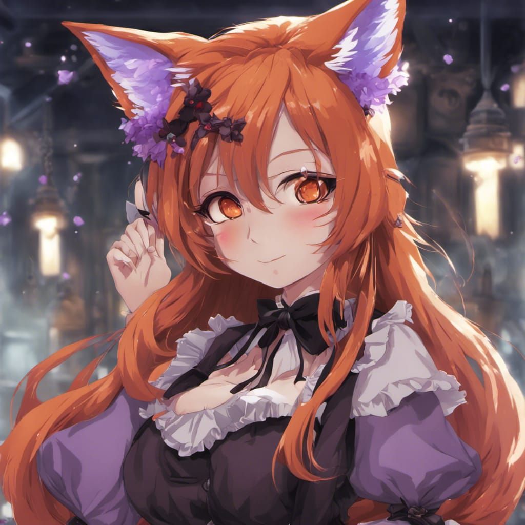 Anime Fox Girl Tavern Maid with Purple Eyes